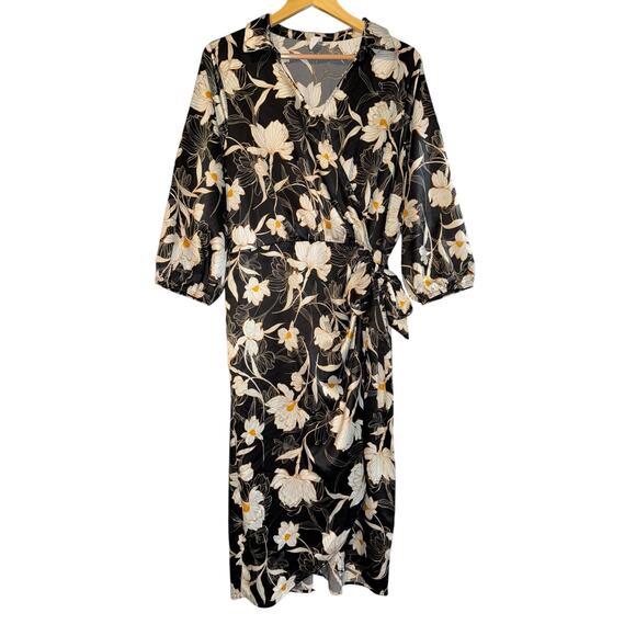 NAIF Dresses & Skirts - Naif Faux Wrap Satin Dress Women's XL Balloon Sleeve Lilly Floral‎ Wedding Event